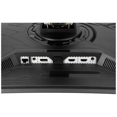 Rückseite eines Computerbildschirms mit sichtbar gewordenen Anschlüssen: zwei HDMI-Ports, ein DisplayPort und ein Stromanschluss.