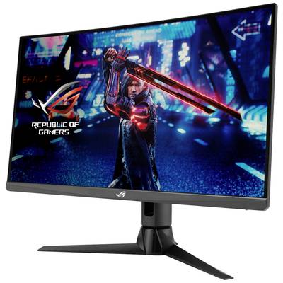 Ein gebogener Gaming-Monitor zeigt ein Science-Fiction-Themenbild mit einem Charakter, der ein großes, leuchtendes Schwert hält.
