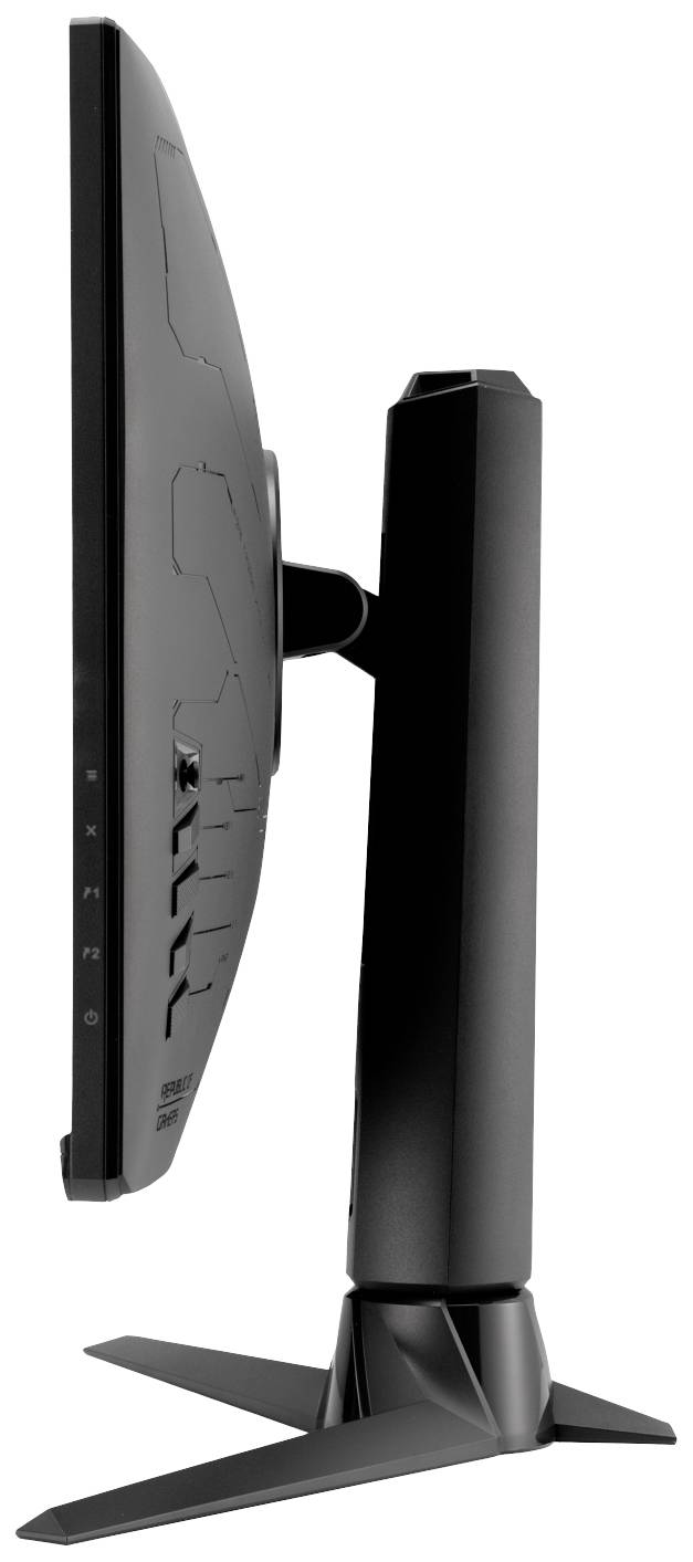 'Seitenansicht eines schlanken, schwarzen Computerbildschirms auf einem stabilen Standfuß; zeigt Design und Ergonomie des Monitors.'