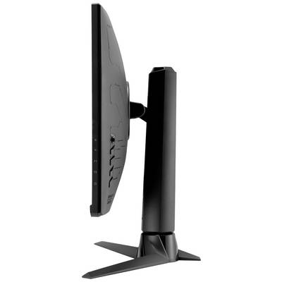 'Seitenansicht eines schlanken, schwarzen Computerbildschirms auf einem stabilen Standfuß; zeigt Design und Ergonomie des Monitors.'
