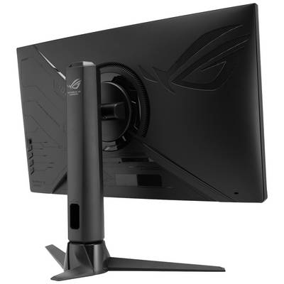 Ein schwarzer Computermonitor von hinten, montiert auf einem stabilen Ständer. Das Logo eines Herstellers ist auf der Rückseite sichtbar.