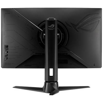 Rückansicht eines Gaming-Monitors mit markantem Design und robustem Standfuß. Das Logo des Herstellers ist prominent sichtbar.