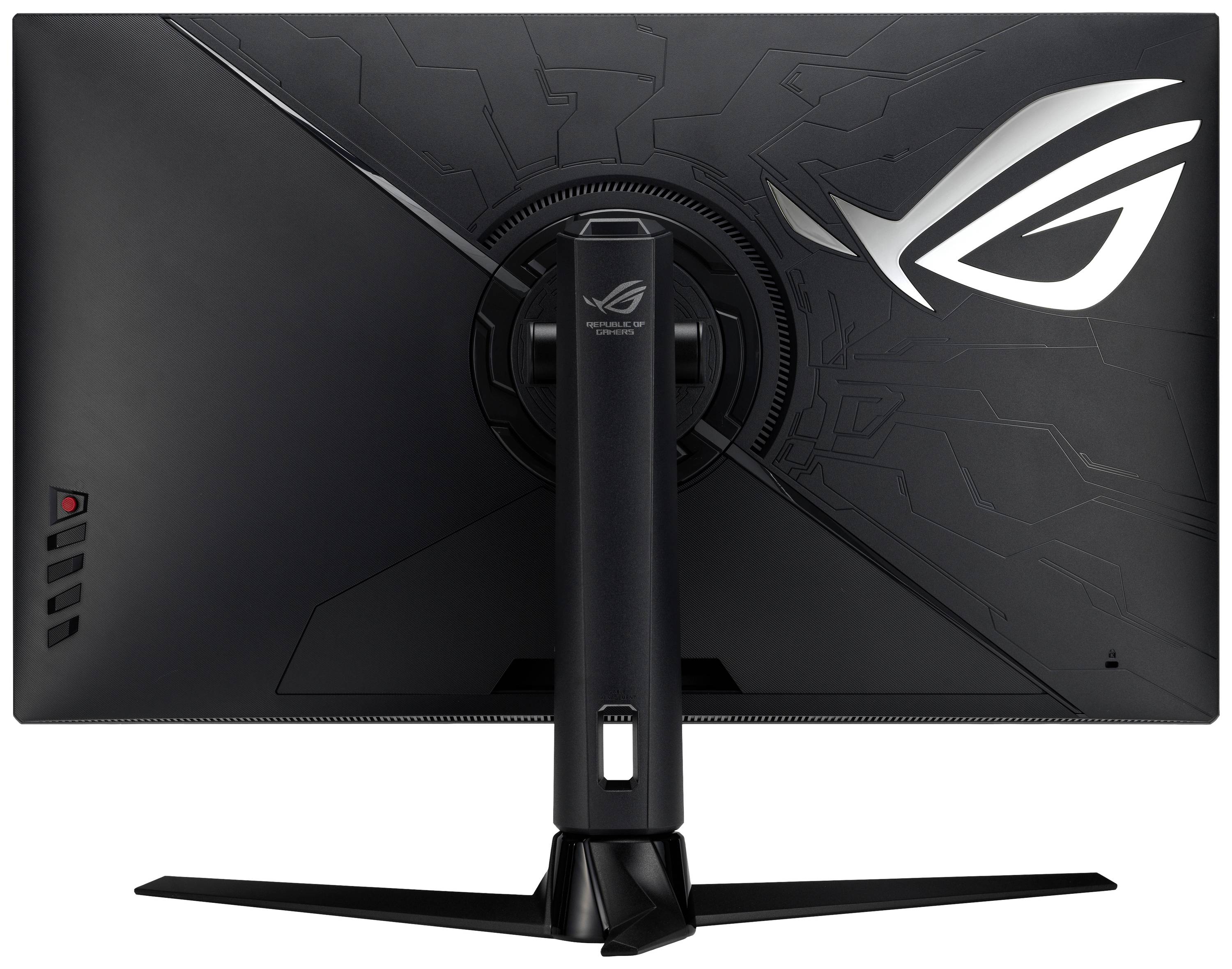 Ein schwarzer Gaming-Monitor von hinten mit einem markanten silbernen Logo oben rechts. Die Halterung in der Mitte ermöglicht Höhenverstellung.