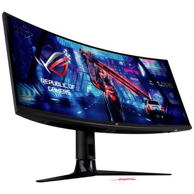 Breiter Gaming-Monitor mit futuristischer Stadt-Hintergrundbeleuchtung und 'Republic of Gamers'-Logo auf dem Bildschirm.