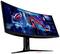 Breiter Gaming-Monitor mit futuristischer Stadt-Hintergrundbeleuchtung und 'Republic of Gamers'-Logo auf dem Bildschirm.