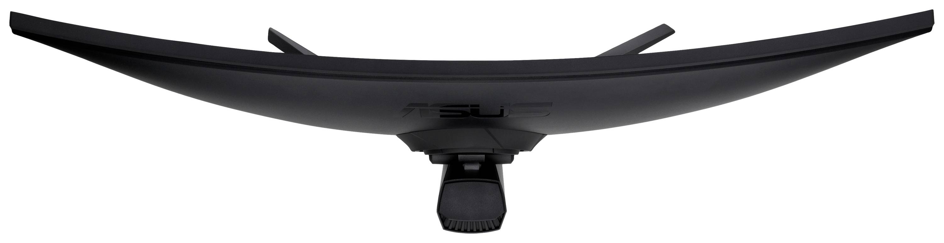 Ein gebogener Computermonitor mit schwarzem Rahmen und einem Standfuß, aus einer niedrigen Perspektive fotografiert.