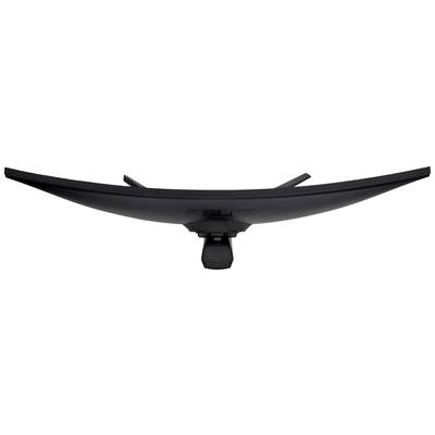 Ein gebogener Computermonitor mit schwarzem Rahmen und einem Standfuß, aus einer niedrigen Perspektive fotografiert.