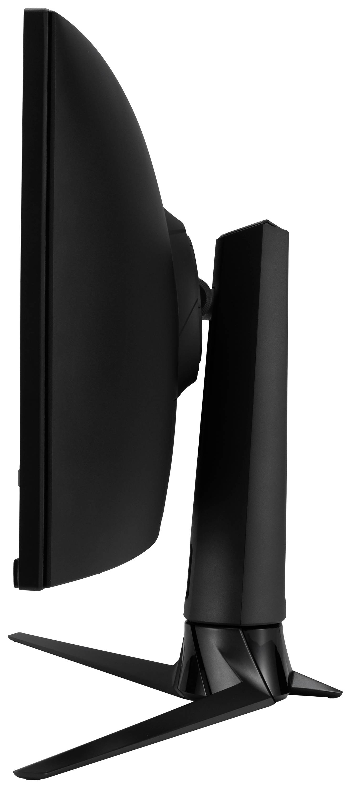 Der Monitor steht seitlich auf einem schwarzen Ständer, sodass das dünne Profil des Bildschirms sichtbar ist.