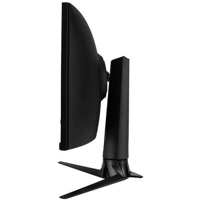 Der Monitor steht seitlich auf einem schwarzen Ständer, sodass das dünne Profil des Bildschirms sichtbar ist.