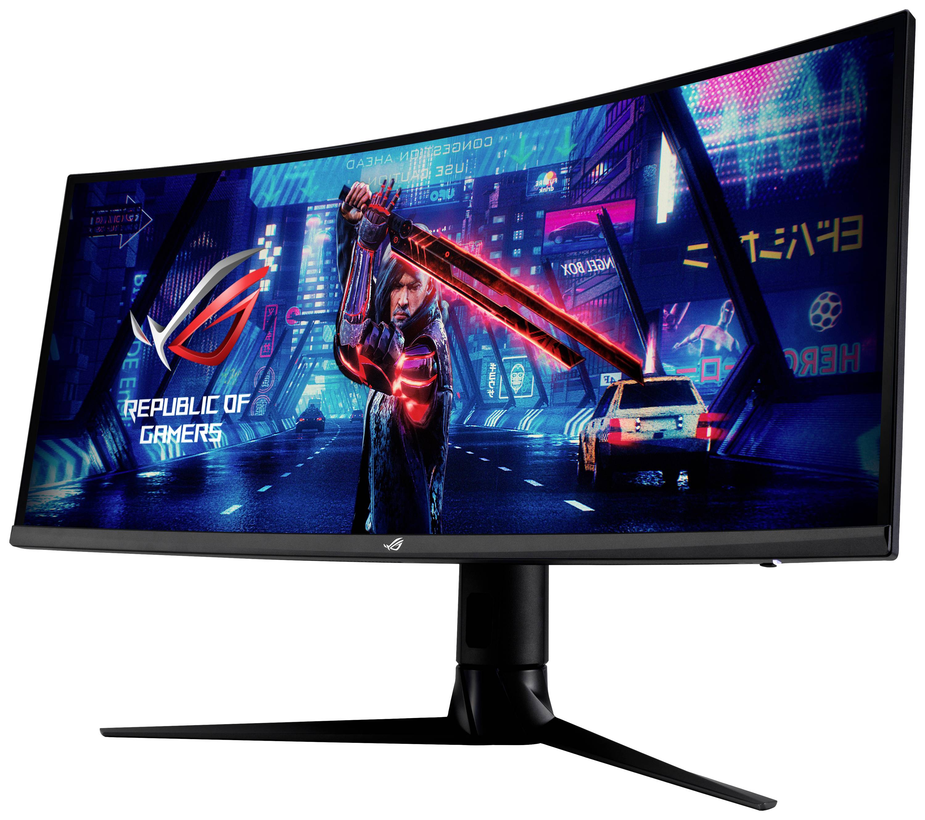 Ein gebogener Gaming-Monitor zeigt ein futuristisches Stadtbild mit einem Krieger, der ein leuchtendes Schwert hält, und dem Logo 'Republic of Gamers'.