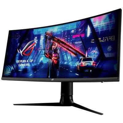 Ein gebogener Gaming-Monitor zeigt ein futuristisches Stadtbild mit einem Krieger, der ein leuchtendes Schwert hält, und dem Logo 'Republic of Gamers'.