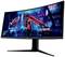 Ein gebogener Gaming-Monitor zeigt ein futuristisches Stadtbild mit einem Krieger, der ein leuchtendes Schwert hält, und dem Logo 'Republic of Gamers'.