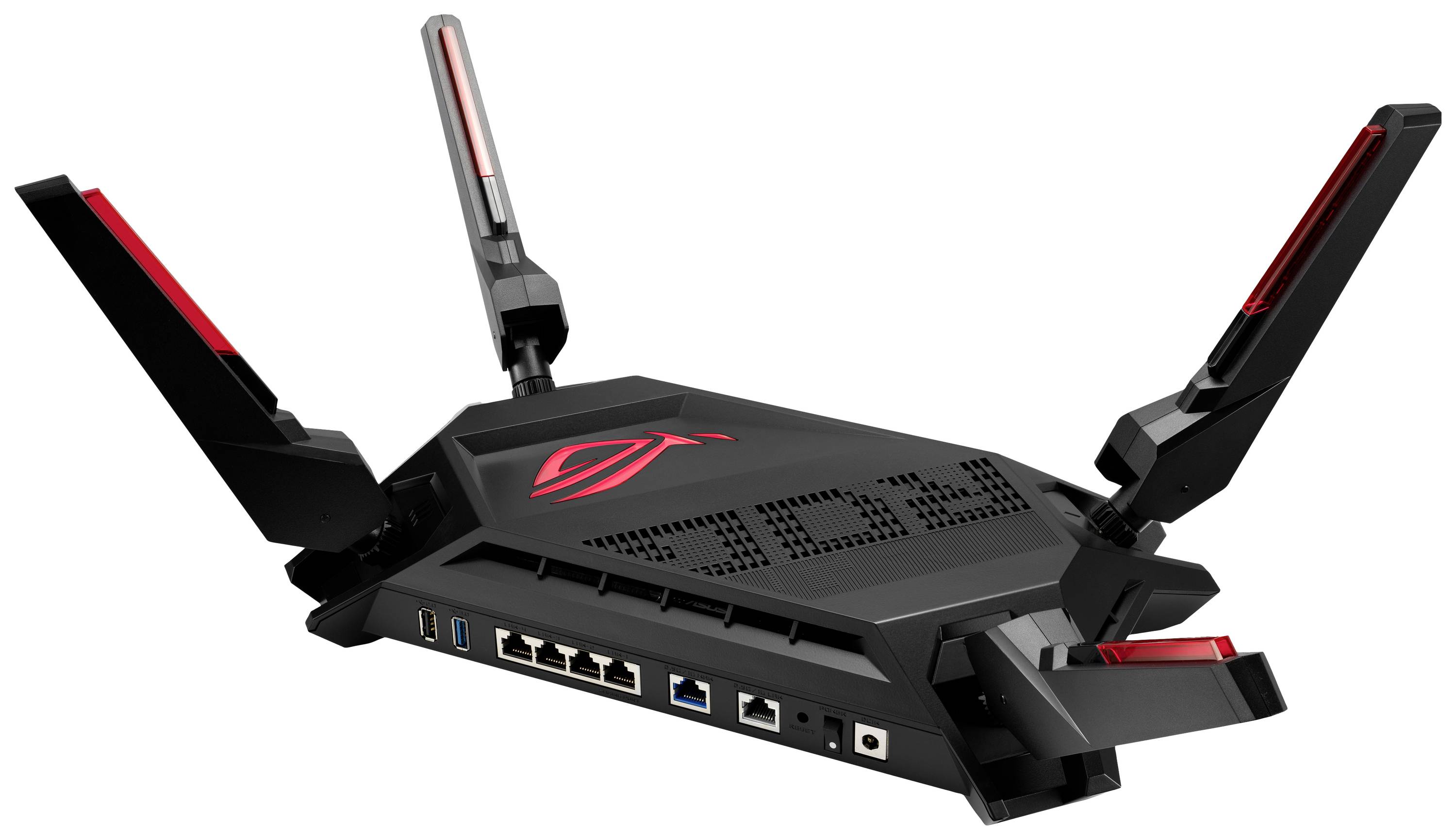 Schwarzer Router mit vier roten Antennen und mehreren Anschlüssen, darunter USB und Ethernet, für verbesserte Netzwerkverbindungen.