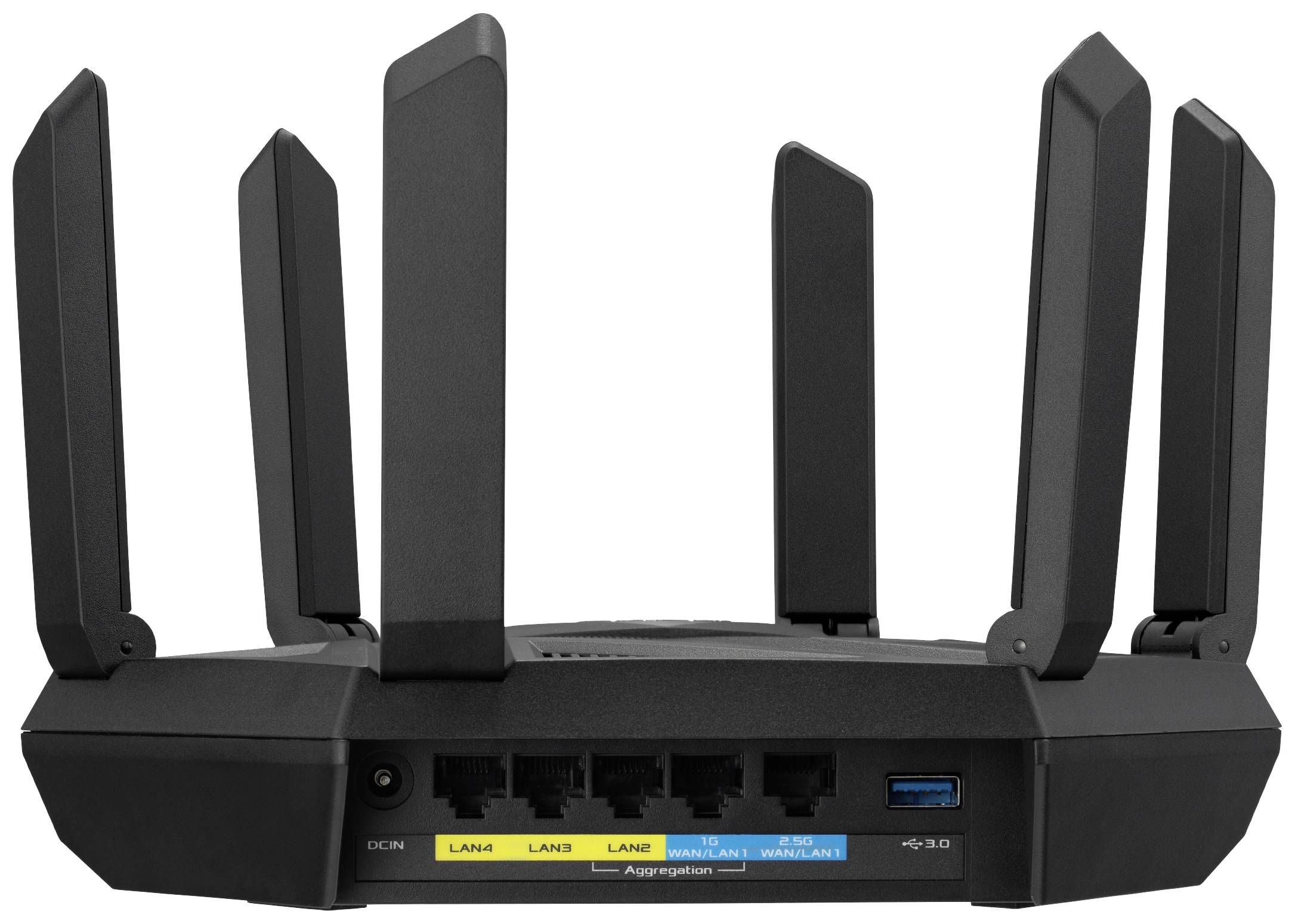 Schwarzer WLAN-Router mit sechs Antennen, auf der Rückseite sind vier LAN-Ports, ein WAN/LAN-Port, ein USB-Anschluss und ein Netzteilanschluss.