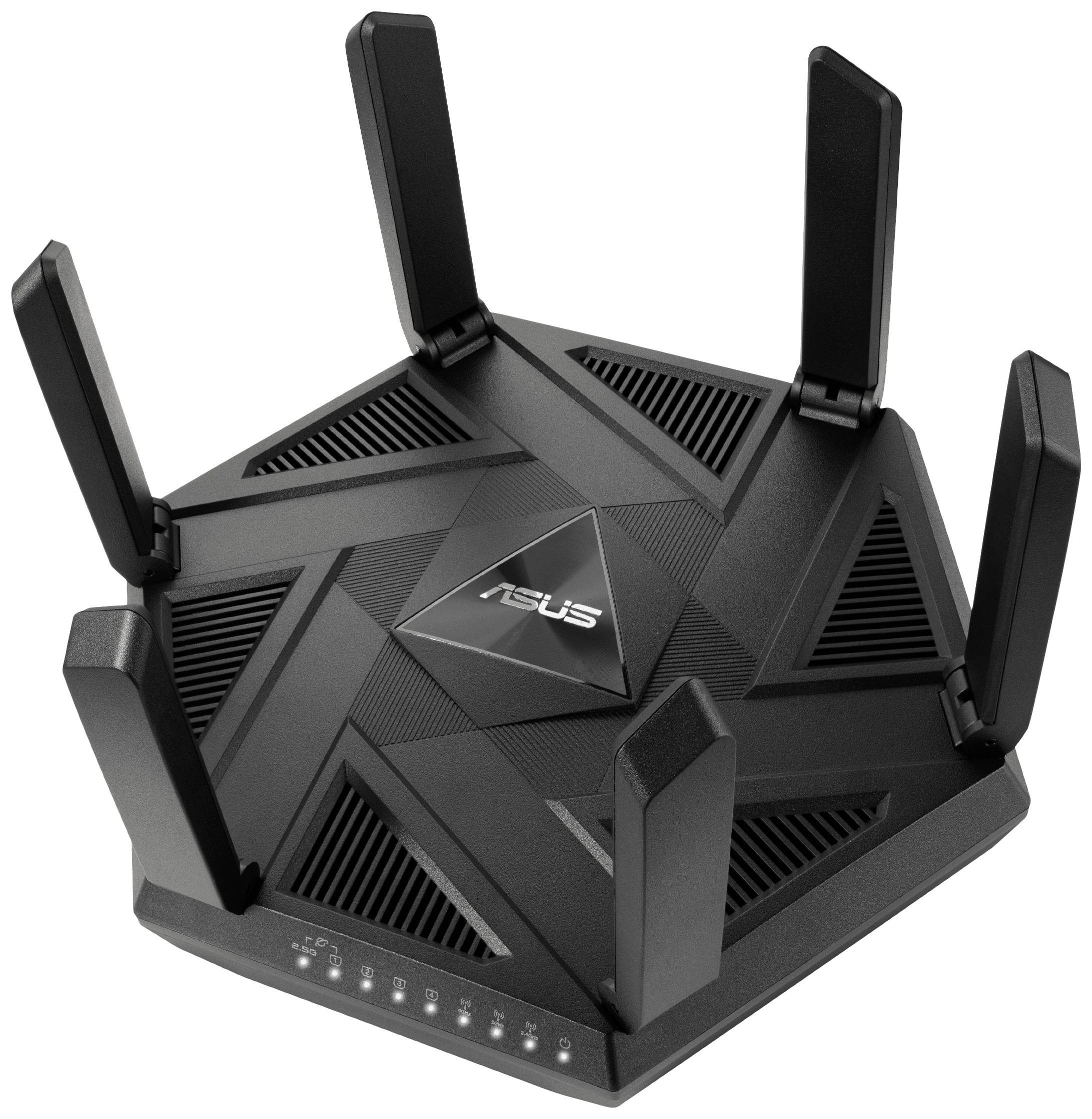 Ein schwarzer, sechseckiger WLAN-Router mit sechs Antennen. Auf der Oberseite ist das Logo 'Asus' zu sehen.