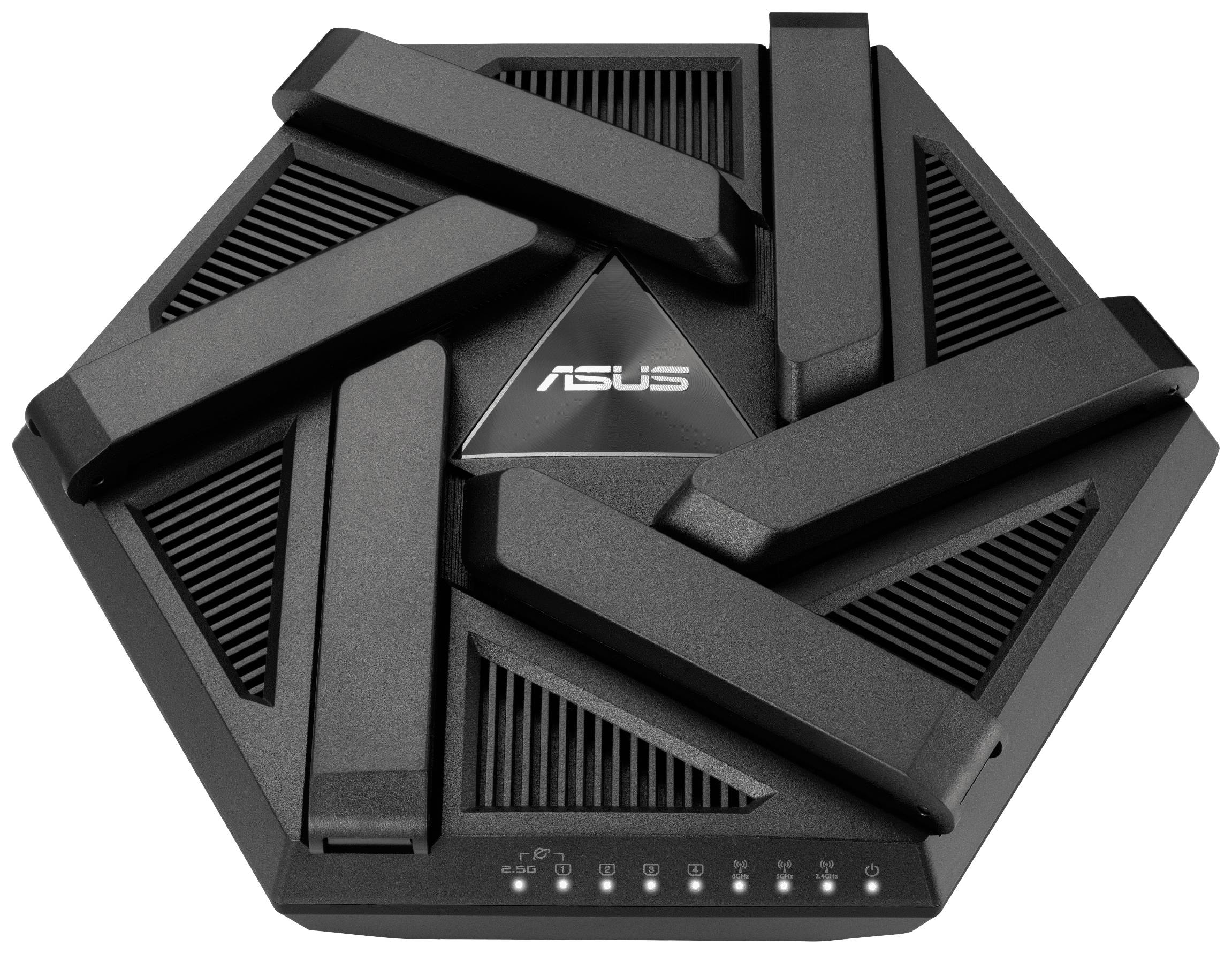 Ein schwarzer, sechseckiger Router mit sechs Antennen und einem zentralen 'ASUS'-Logo auf der Oberseite.