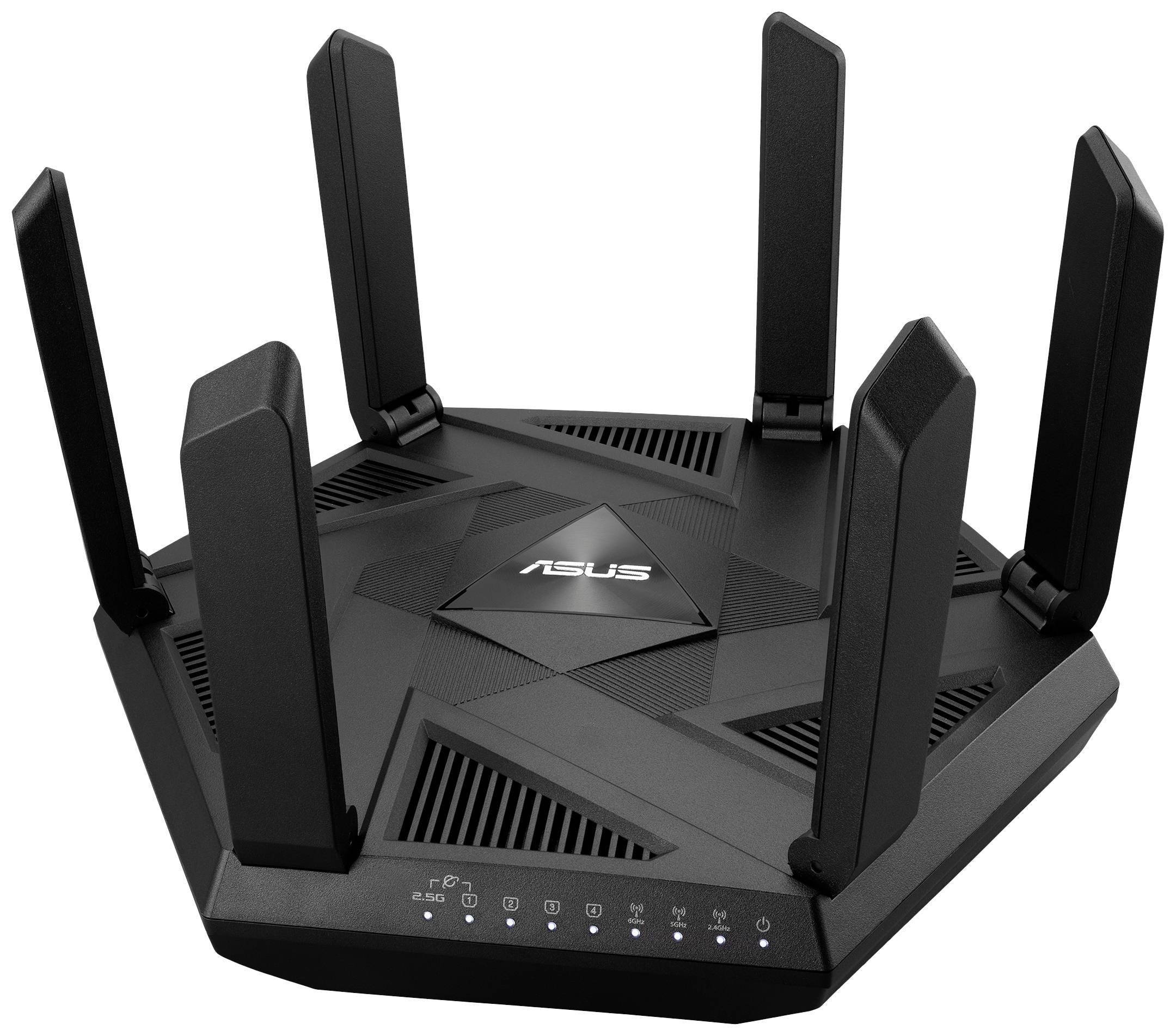 Ein schwarzer WLAN-Router mit sechseckigem Design und sechs herausragenden Antennen. Die Markenbeschriftung 'ASUS' ist zentral platziert.