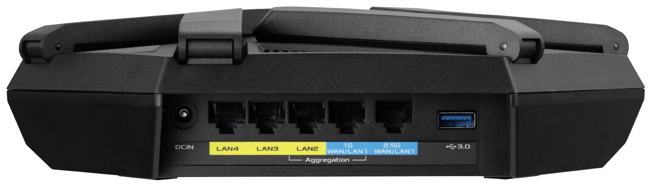Ein WLAN-Router mit vier LAN-Ports, zwei WAN-Ports und einem USB 3.0-Anschluss.