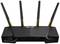 Ein schwarzer WLAN-Router mit vier aufrecht stehenden Antennen. Vorderseite zeigt mehrere LED-Anzeigen für verschiedene Funktionen.