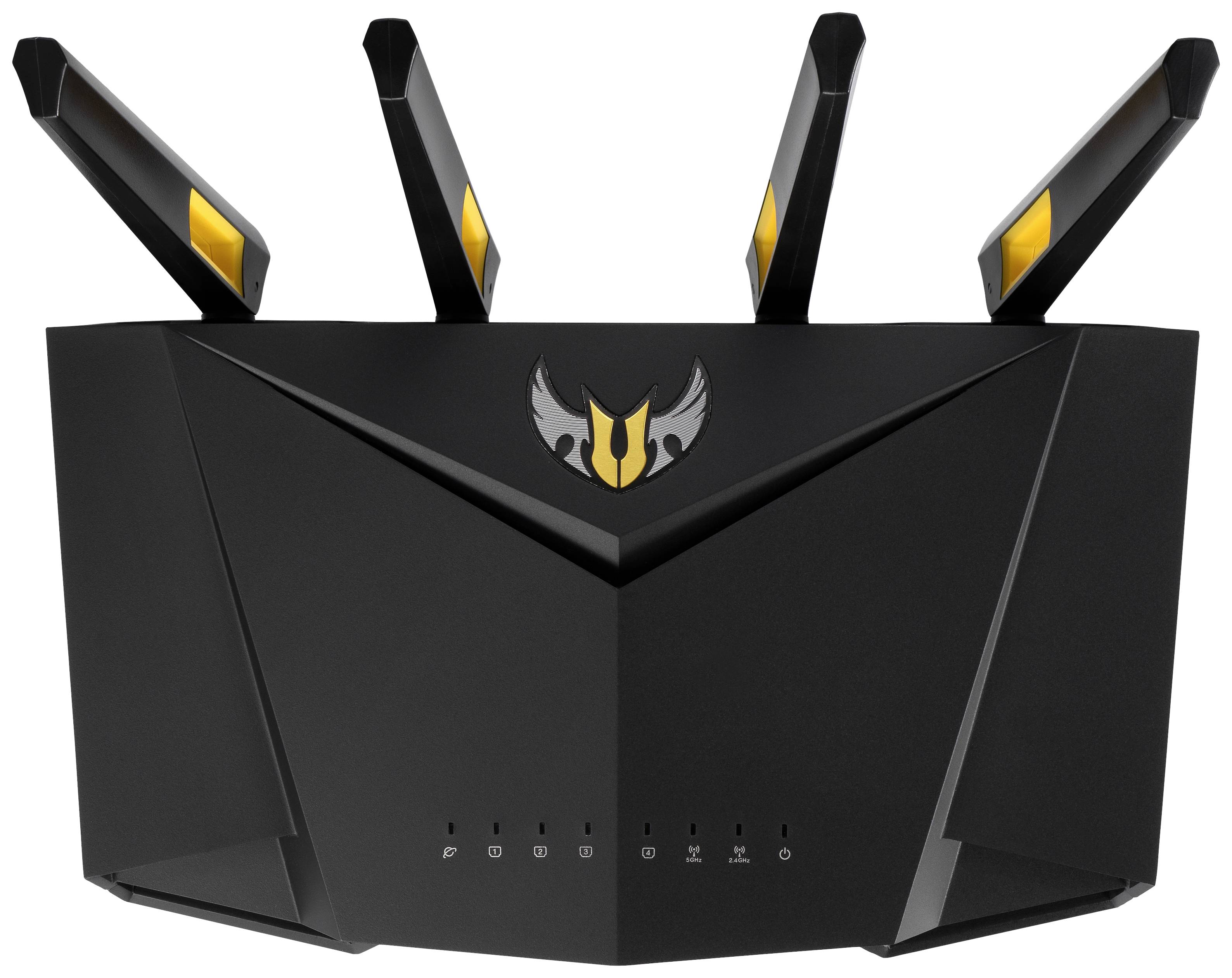 Schwarzer WLAN-Router mit vier aufrechten Antennen, leuchtenden gelben Akzenten und einem Logo in der Mitte.