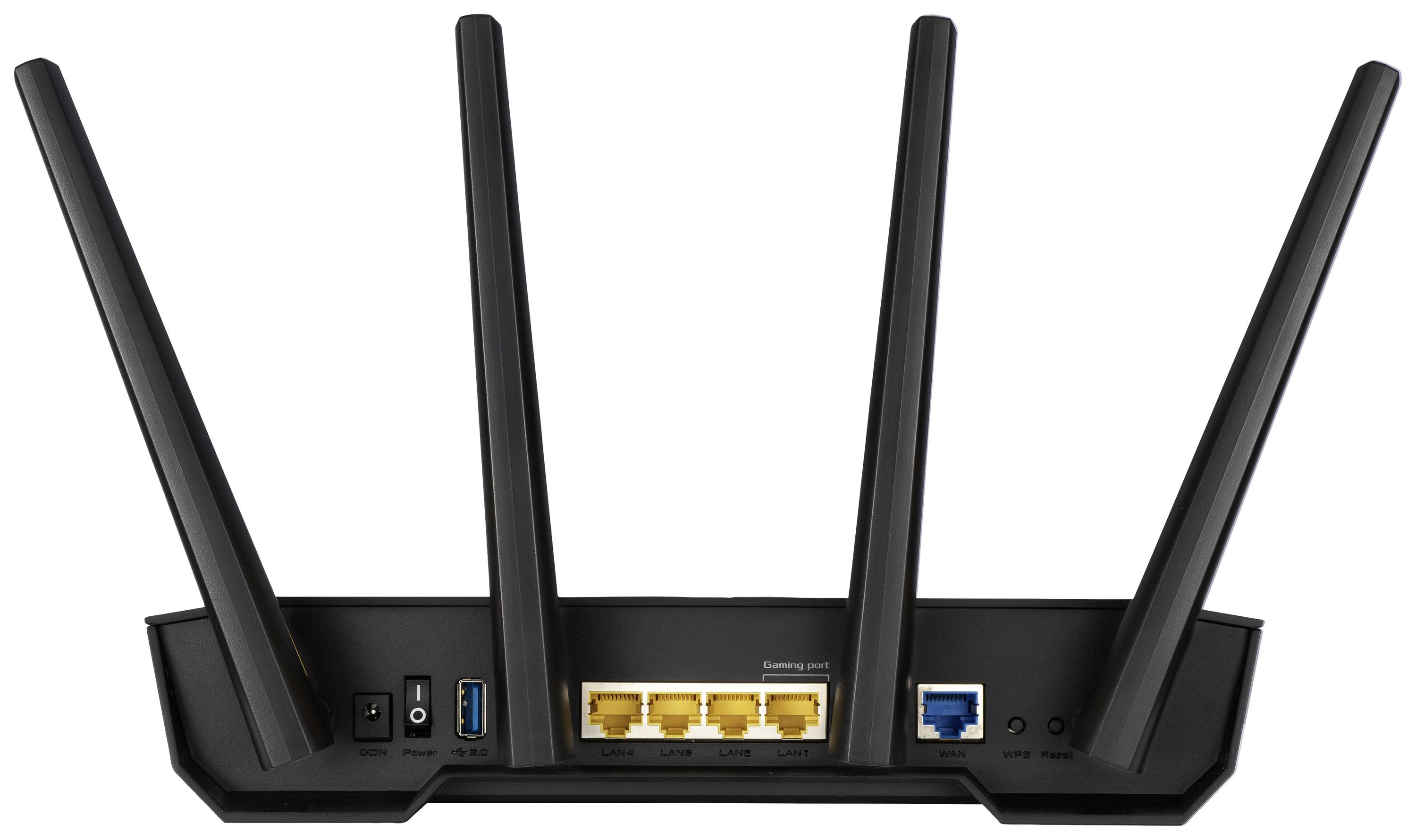 Schwarzer WLAN-Router mit vier Antennen, Rückansicht zeigt Anschlüsse: Strom, USB, vier Ethernet- und einen Internetanschluss.