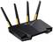 Ein schwarzer WLAN-Router mit vier Antennen und einem markanten, modernen Design. Er zeigt ein Logo und Status-LEDs an.