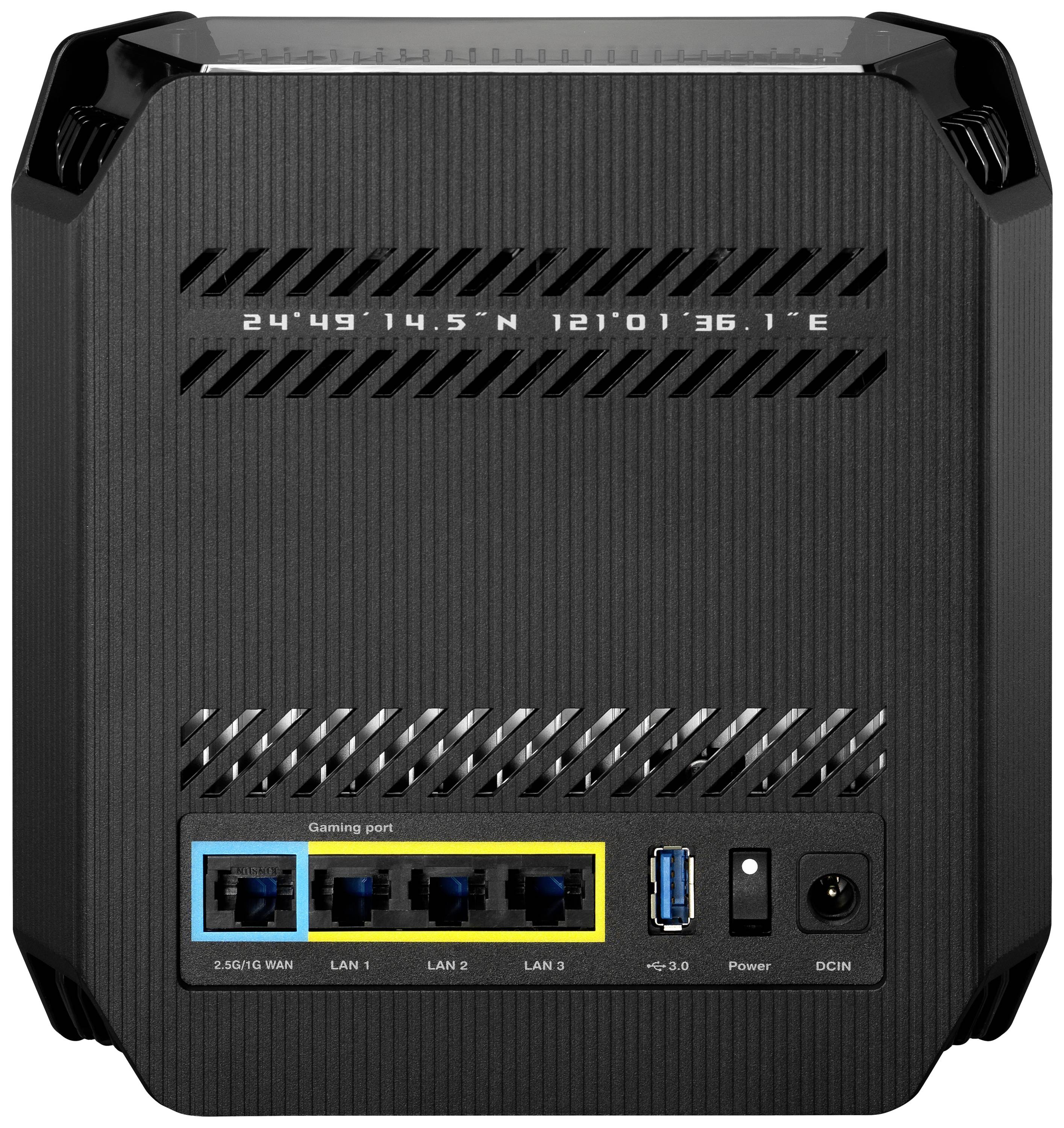 Rückseite eines WLAN-Routers mit Anschlüssen: drei LAN-, ein WAN-, ein USB 3.0-Anschluss sowie ein Stromanschluss.