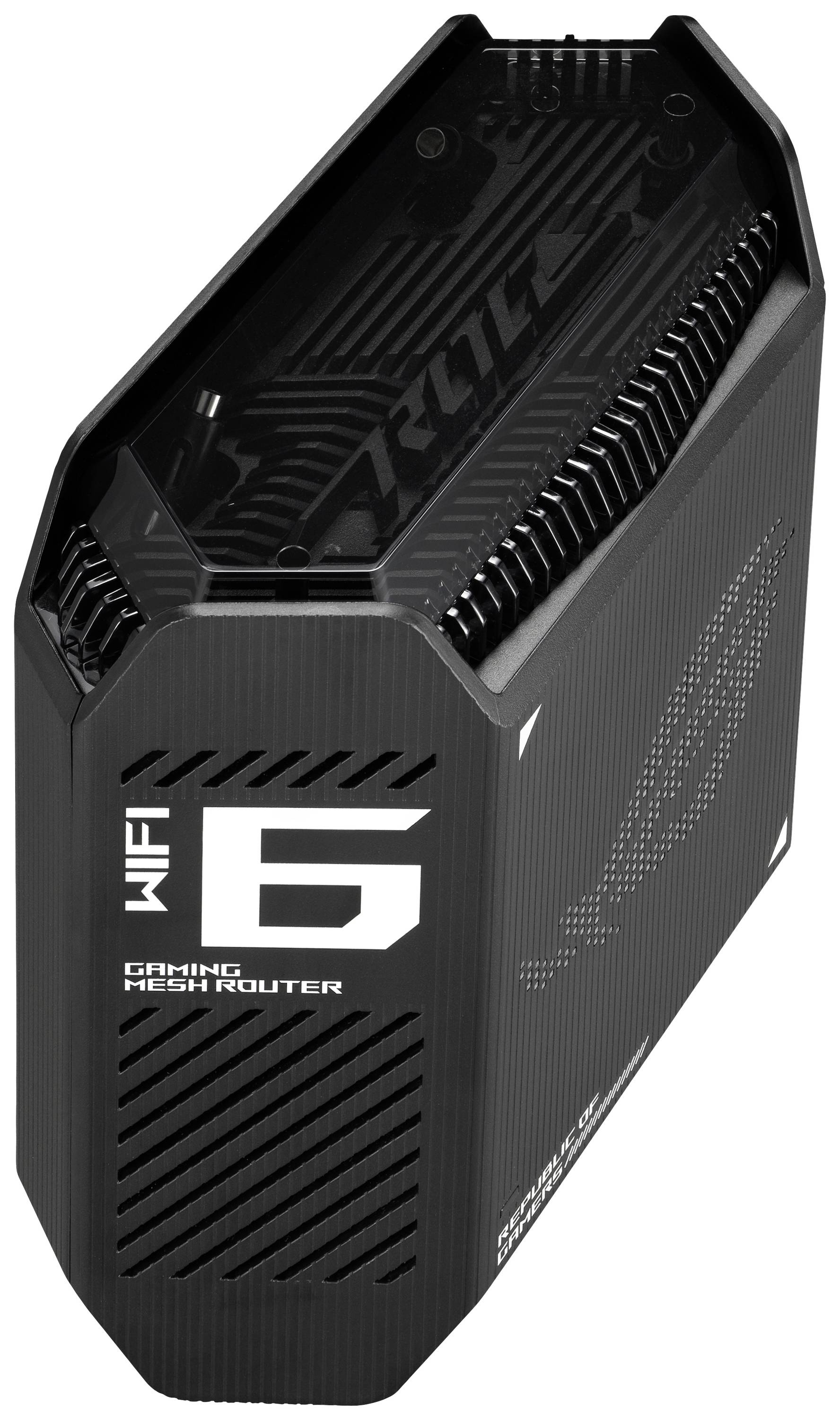 Schwarzer Gaming-Mesh-Router mit der Aufschrift 'WiFi 6'. Er hat ein modernes, eckiges Design und ist für leistungsstarkes Internet geeignet.