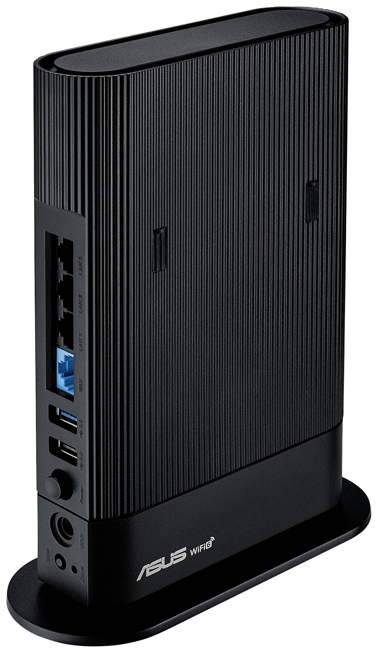 Ein schwarzer Asus WiFi-Router mit vier Ethernet-Anschlüssen und einem USB-Anschluss. Er steht vertikal auf einem Tisch.