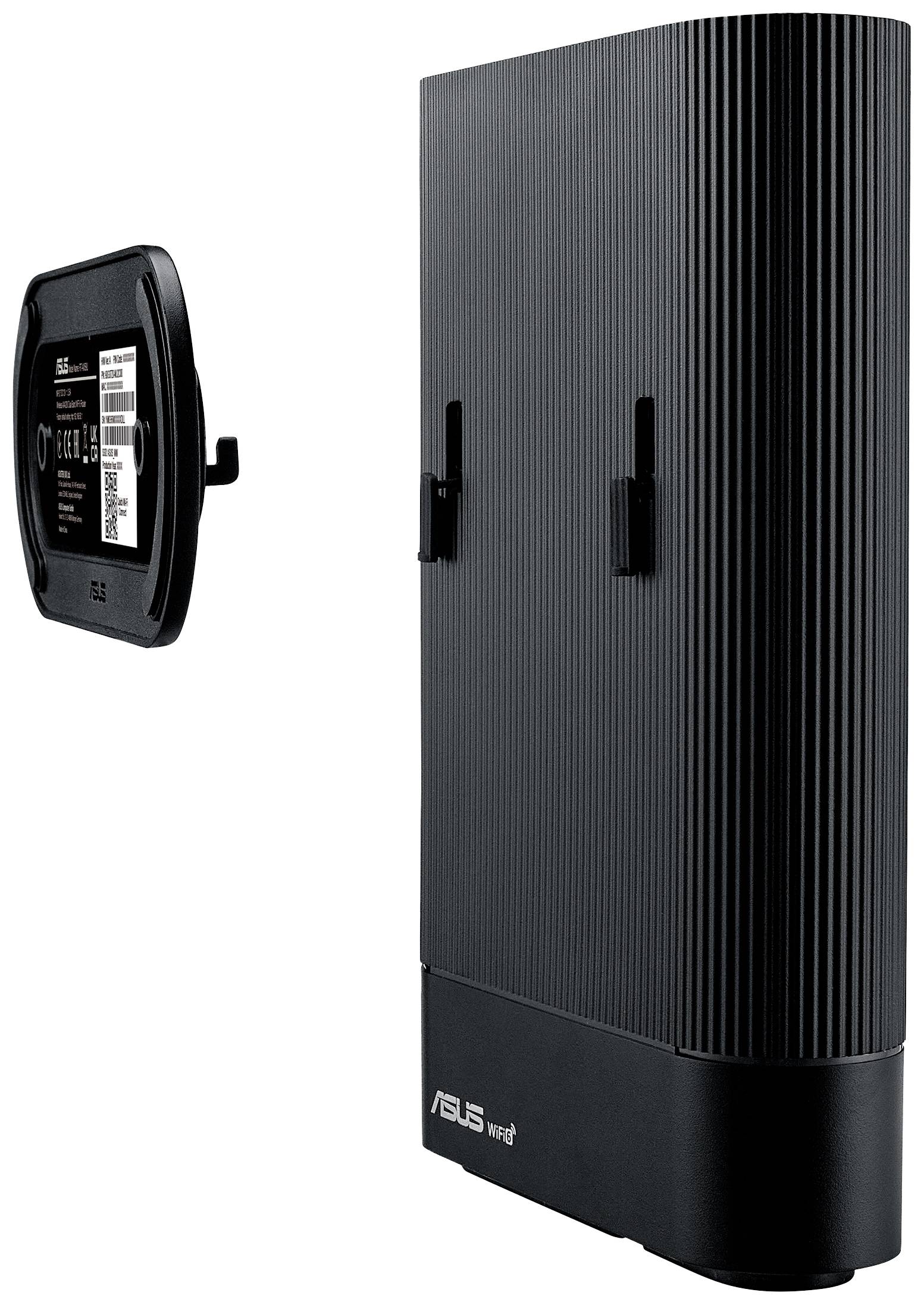 Ein schwarzer, vertikal ausgerichteter Router mit geriffelter Oberfläche und ASUS-Logo. Wandhalterung zeigt die Rückseite mit Anschlüssen.