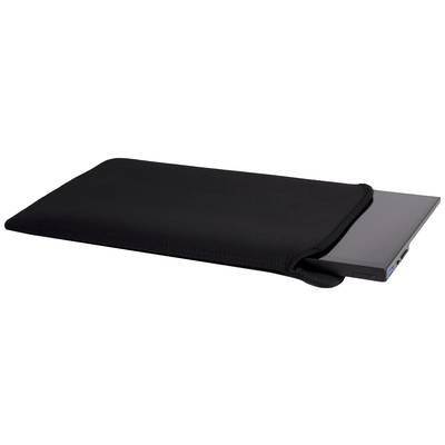 Ein Tablet, teilweise aus einer schwarzen Neoprentasche herausgeschoben, auf einem weißen Hintergrund.