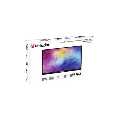 'Verbatim 14" tragbarer Touchscreen-Monitor, Full HD 1080p, Metallgehäuse PMT-14.' Bunte Anzeige auf dem Bildschirm.