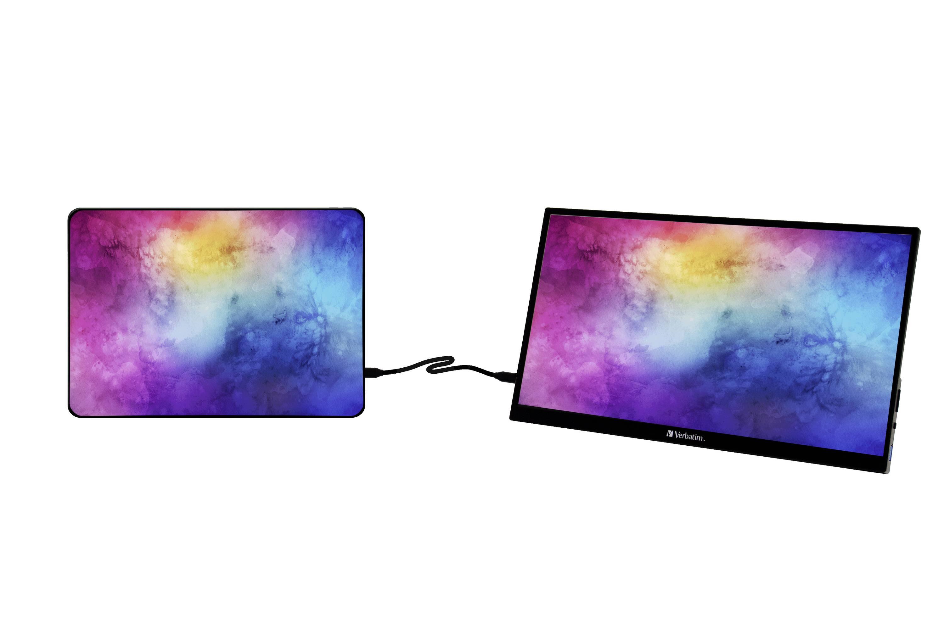 Zwei Monitore mit einem bunten Wolkenmotiv sind durch ein Kabel verbunden. Der rechte ist leicht geneigt, der linke steht aufrecht.