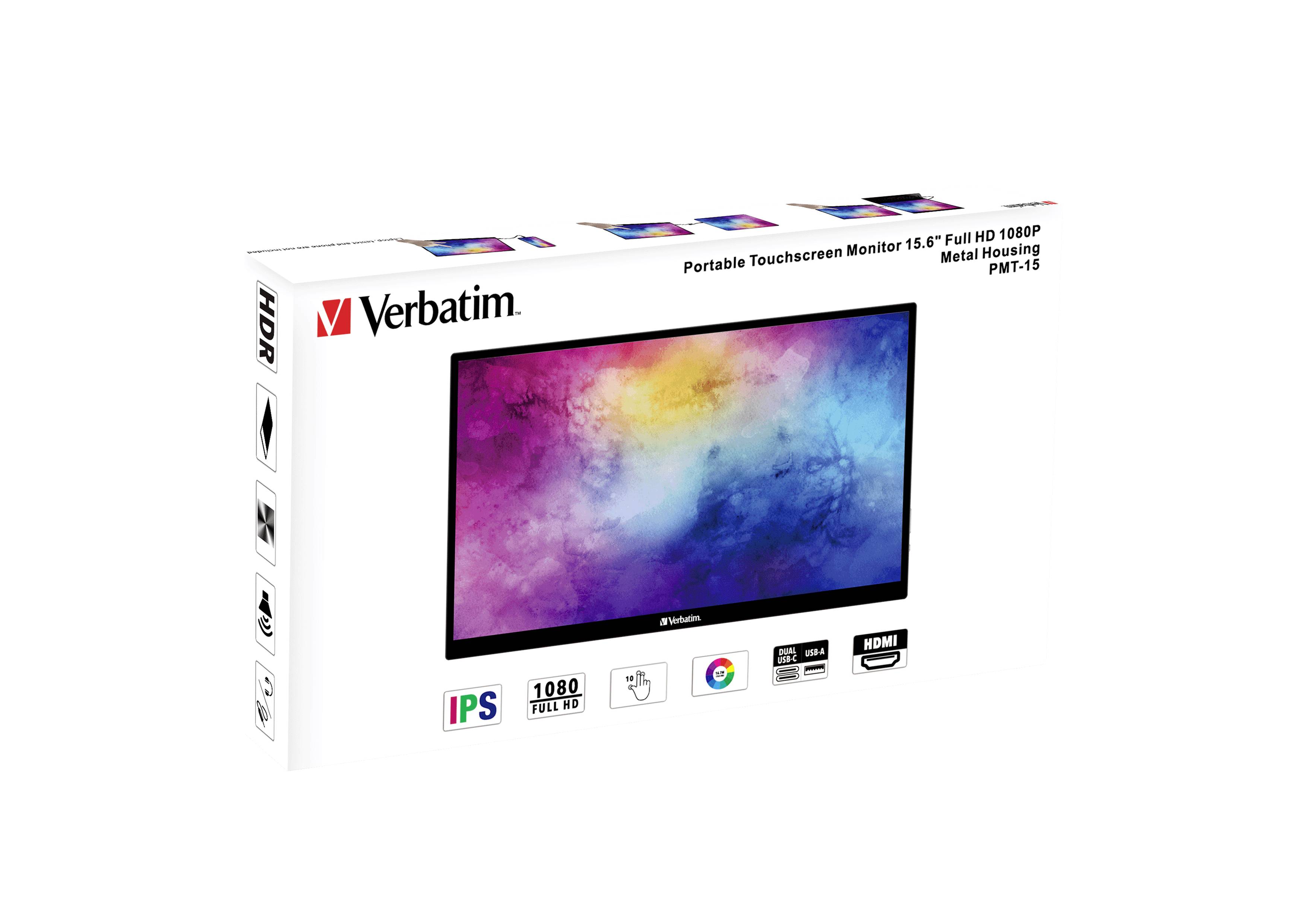 Verbatim Verpackung eines tragbaren 15,6" Touchscreen-Monitors, Full HD 1080p, mit IPS-Display. Bunte Darstellung auf dem Bildschirm.