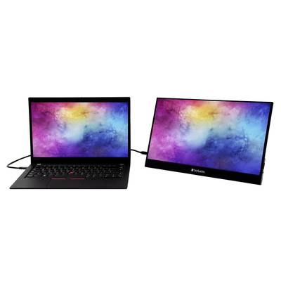 Zwei Bildschirme: links ein Laptop mit buntem Display, rechts ein externer Monitor mit ähnlichem Hintergrunddesign.