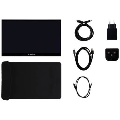 Monitor, Mauspad, zwei USB-Kabel, zwei Ladegeräte. Alle Elemente sind schwarz und für Computerzubehör gedacht.