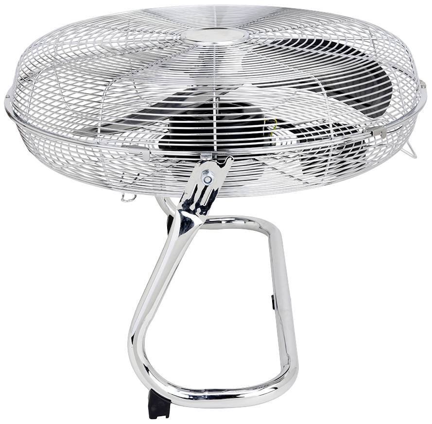 Ein silberner Tischventilator mit einem großen, kreisförmigen Schutzgitter und einem schwarzen Propeller, auf einem stabilen Standgestell.