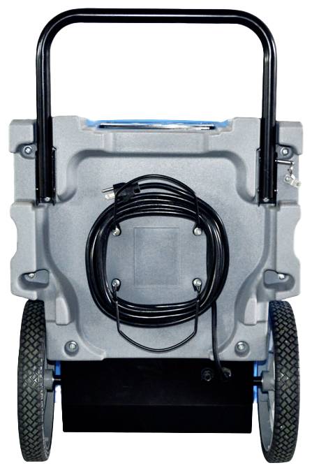 Gewerblicher Luftentfeuchter auf Rädern mit Kabelhalterung. Ideal für Baustellen und Lagerhallen.