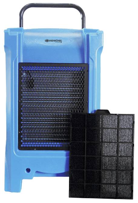 Blauer Luftentfeuchter mit schwarzem Filter im Vordergrund, der neben dem Gerät steht. Geeignet für industrielle oder große Räume.