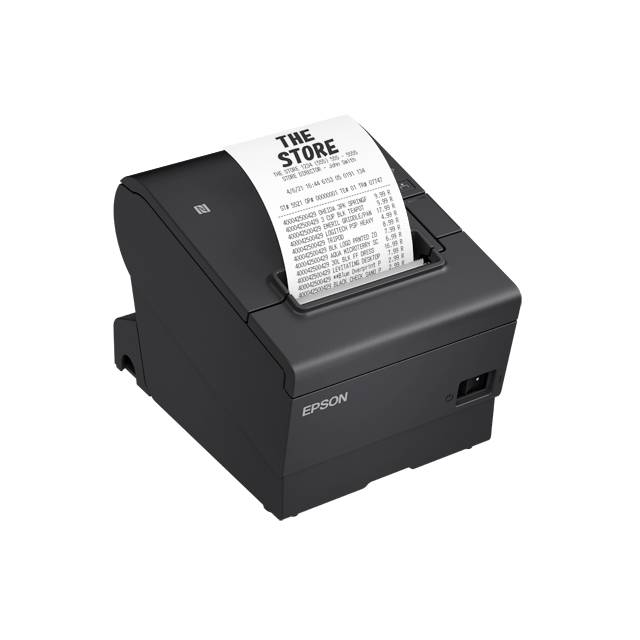 Ein schwarzer Epson-Drucker gibt einen Kassenbon mit der Aufschrift 'The Store' aus. Der Drucker steht auf einer ebenen Fläche.