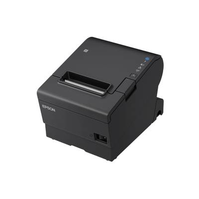 Ein schwarzer Epson-Drucker in schräger Perspektive; er hat ein kompakt-modernes Design und ist für den professionellen Gebrauch geeignet.