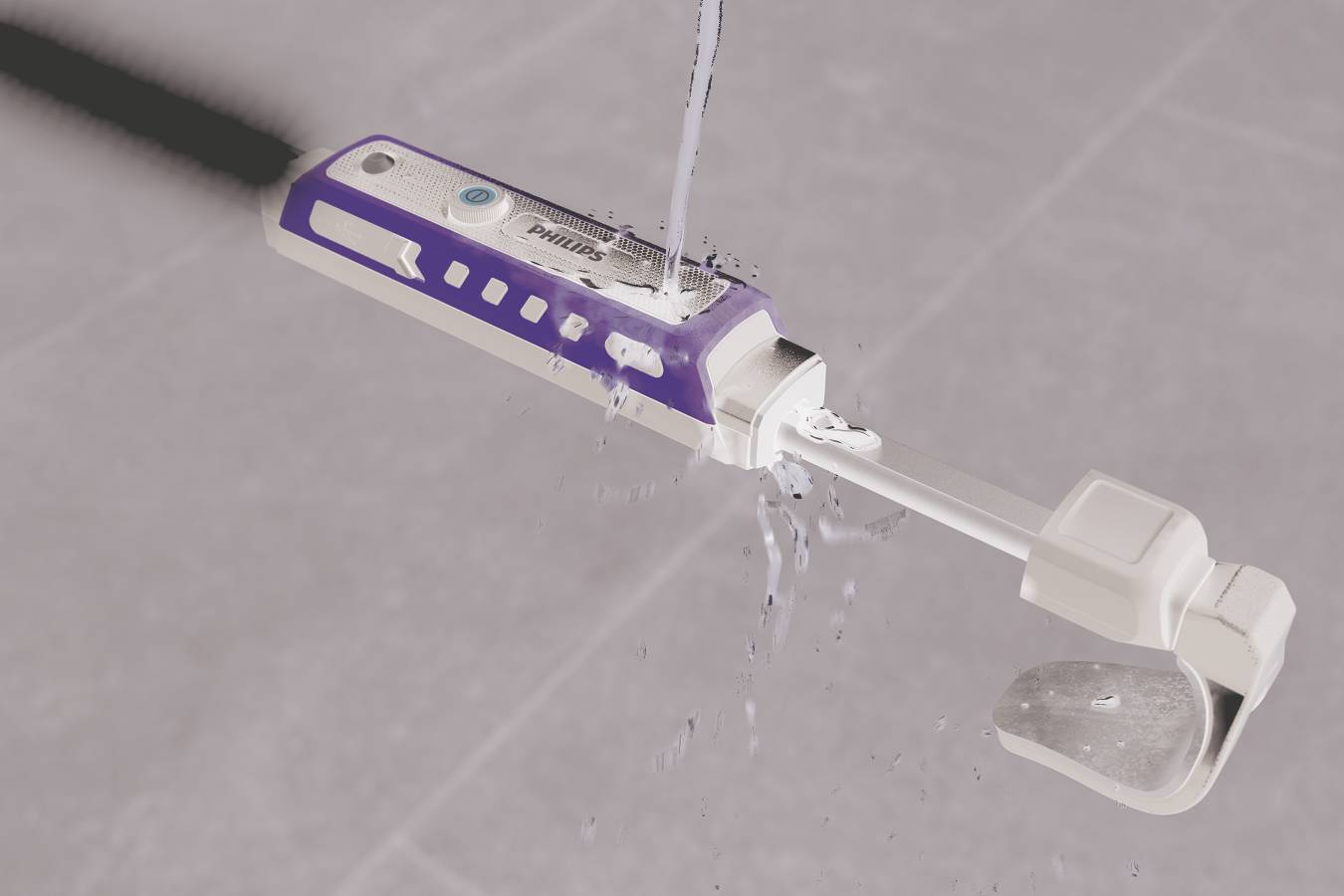 Eine elektrische Zahnbürste wird unter fließendem Wasser gereinigt, umgeben von grauem Hintergrund.