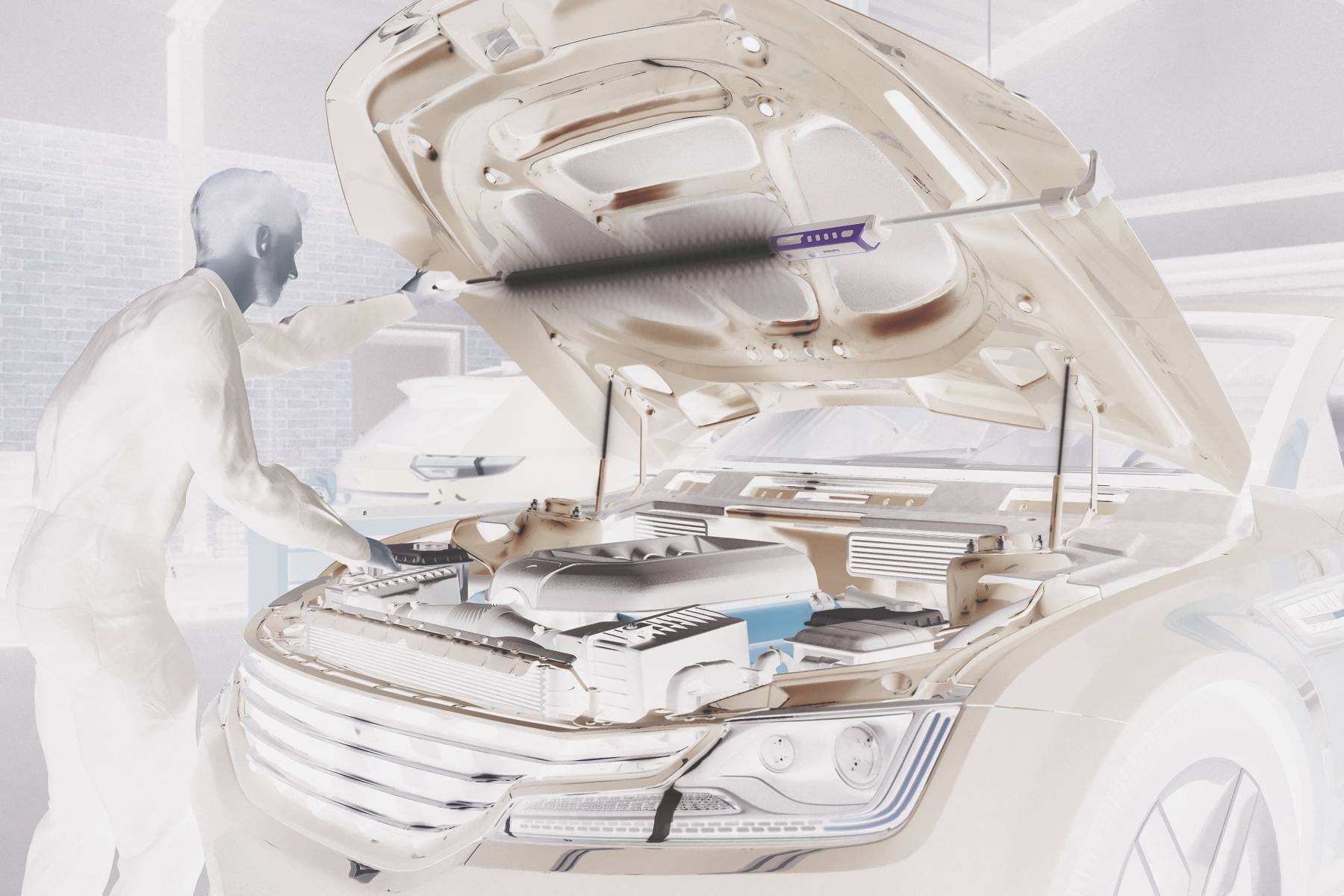 Person überprüft den Motor eines Autos in einer Werkstatt. Die Motorhaube ist geöffnet, und verschiedene Fahrzeugteile sind sichtbar.