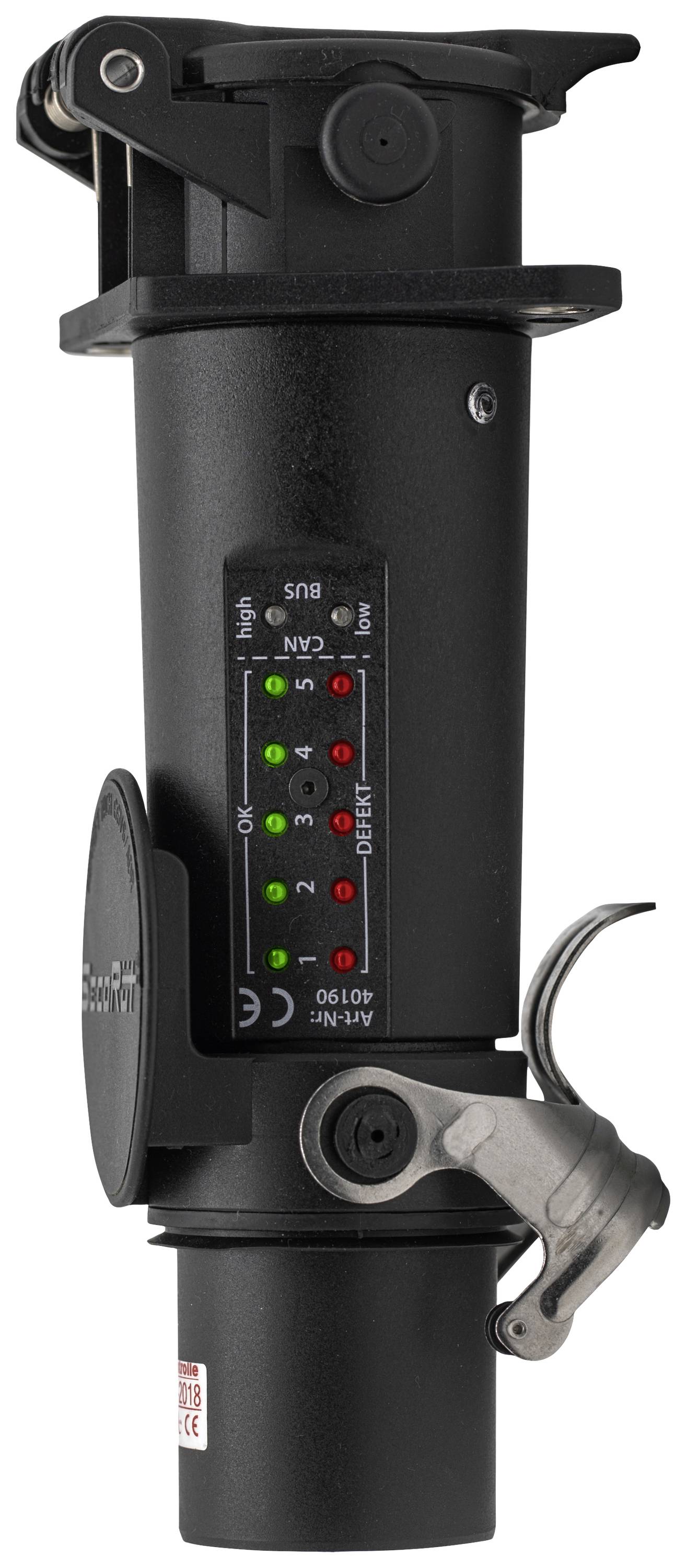 Ein schwarzer Druckregler mit mehreren Schaltern und Kontrollleuchten. Eine Vorrichtung mit Hebelmechanismus ist an der Seite angebracht.