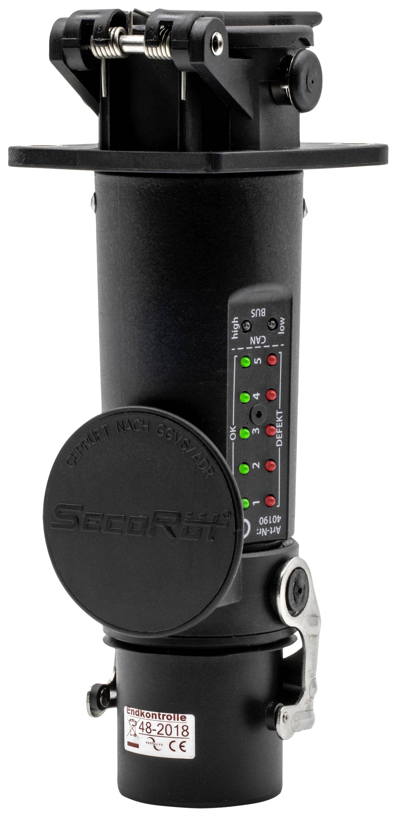 Ein schwarzes, zylindrisches Gerät mit mehreren farbigen LED-Anzeigen auf der Seite, zeigt verschiedene Betriebszustände an.