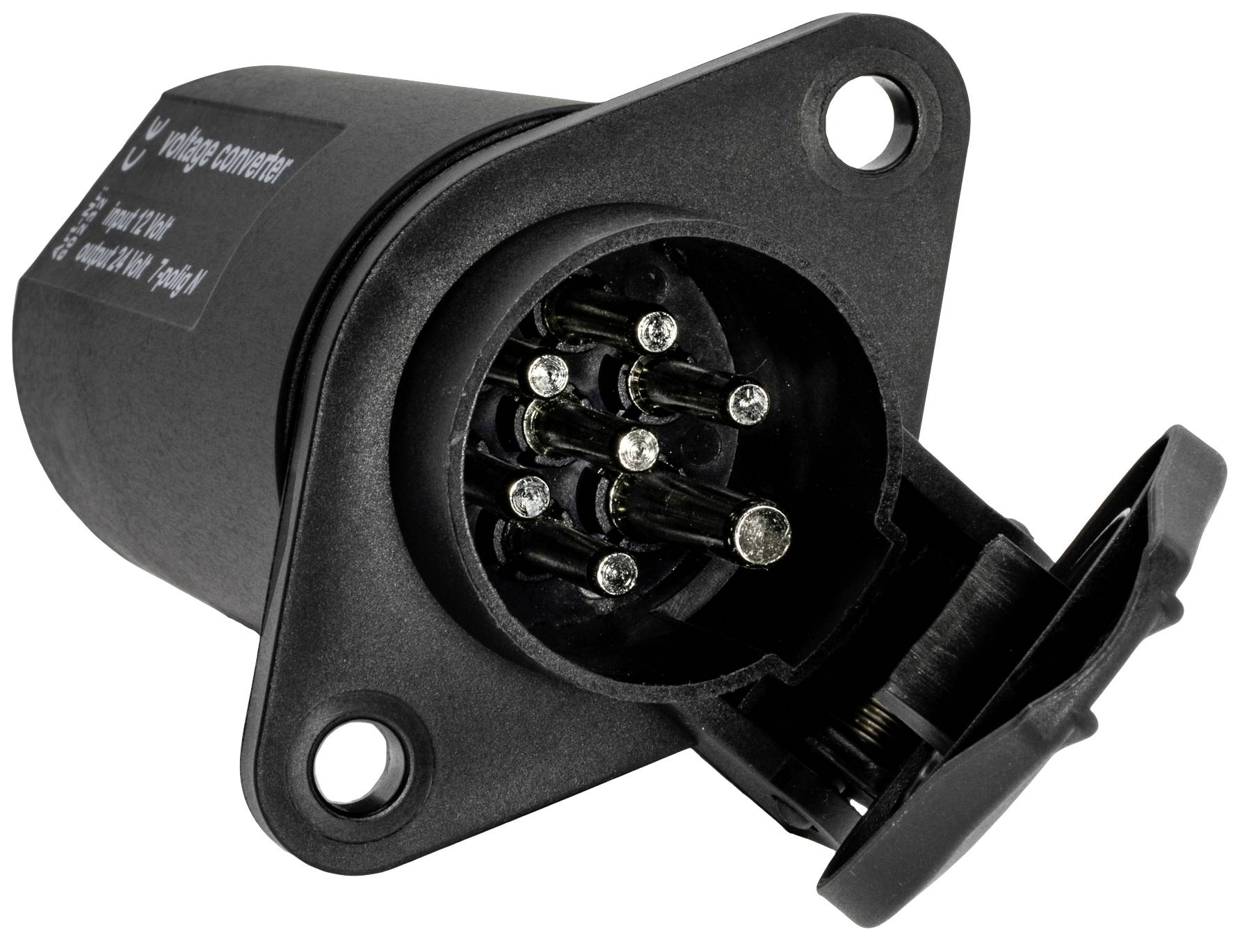 Anhängersteckdose mit 7 Stiften in einer Kunststoffhülle, schwarzes Finish, offen zur Ansicht der Anschlüsse.