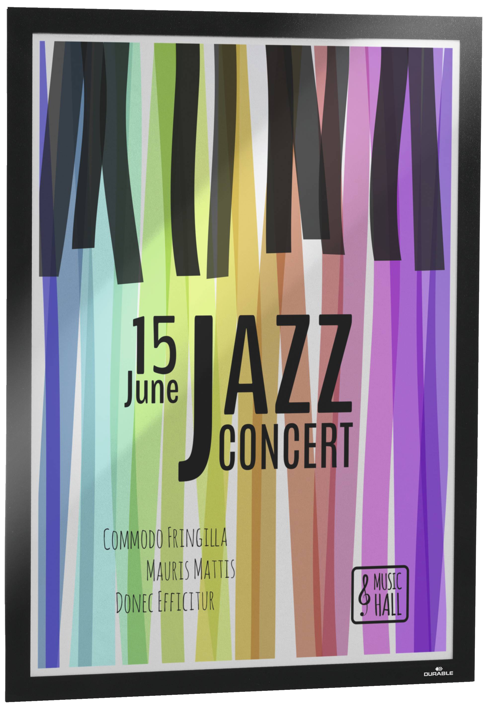 Plakat für ein Jazz-Konzert am 15. Juni im Music Hall. Bunte vertikale Streifen im Hintergrund mit schwarzem Text im Vordergrund.