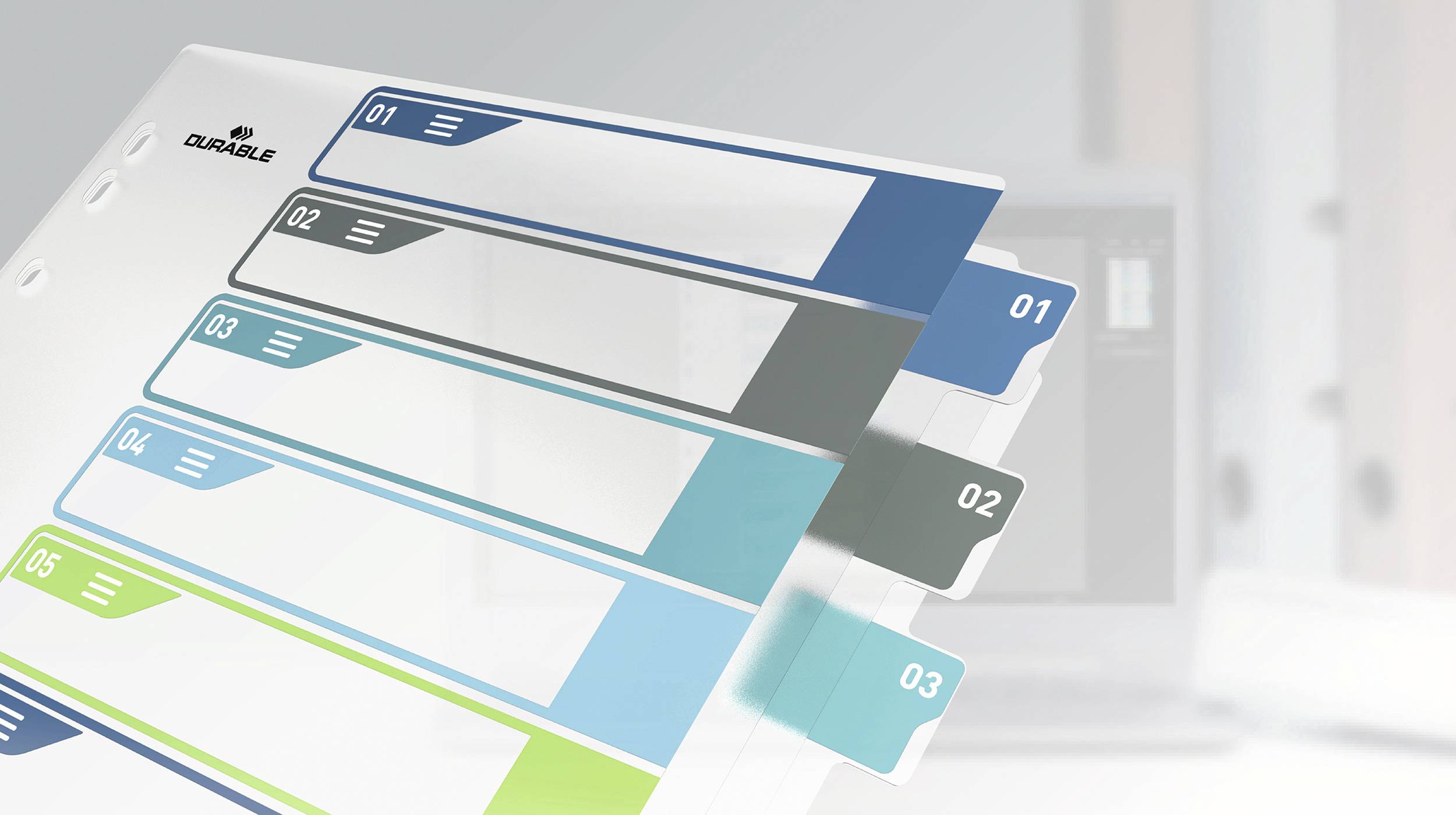 'Kunststoffregister mit mehrfarbigen Taben, nummeriert von 1 bis 3. Geeignet zum Ordnen von Dokumenten in Ordnern oder Mappen.'