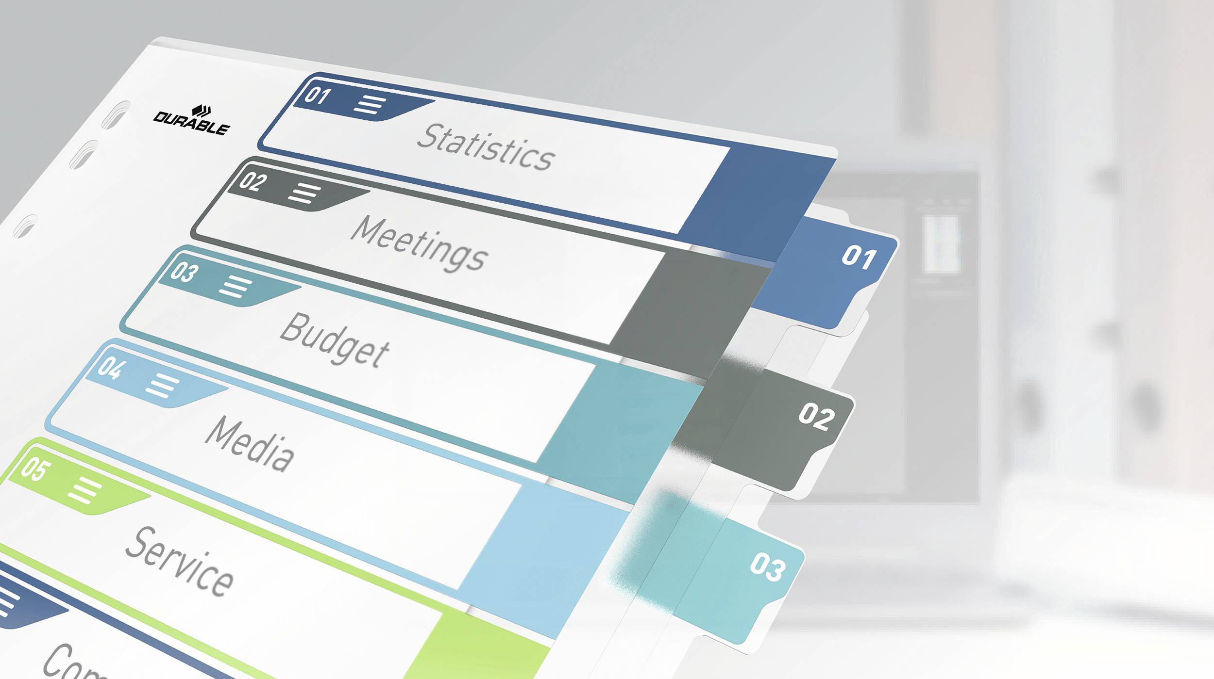 Register mit Registerkarten in verschiedenen Farben beschriftet: 'Statistics', 'Meetings', 'Budget', 'Media', 'Service', 'Contact', vor einem unscharfen Laptop-Hintergrund.