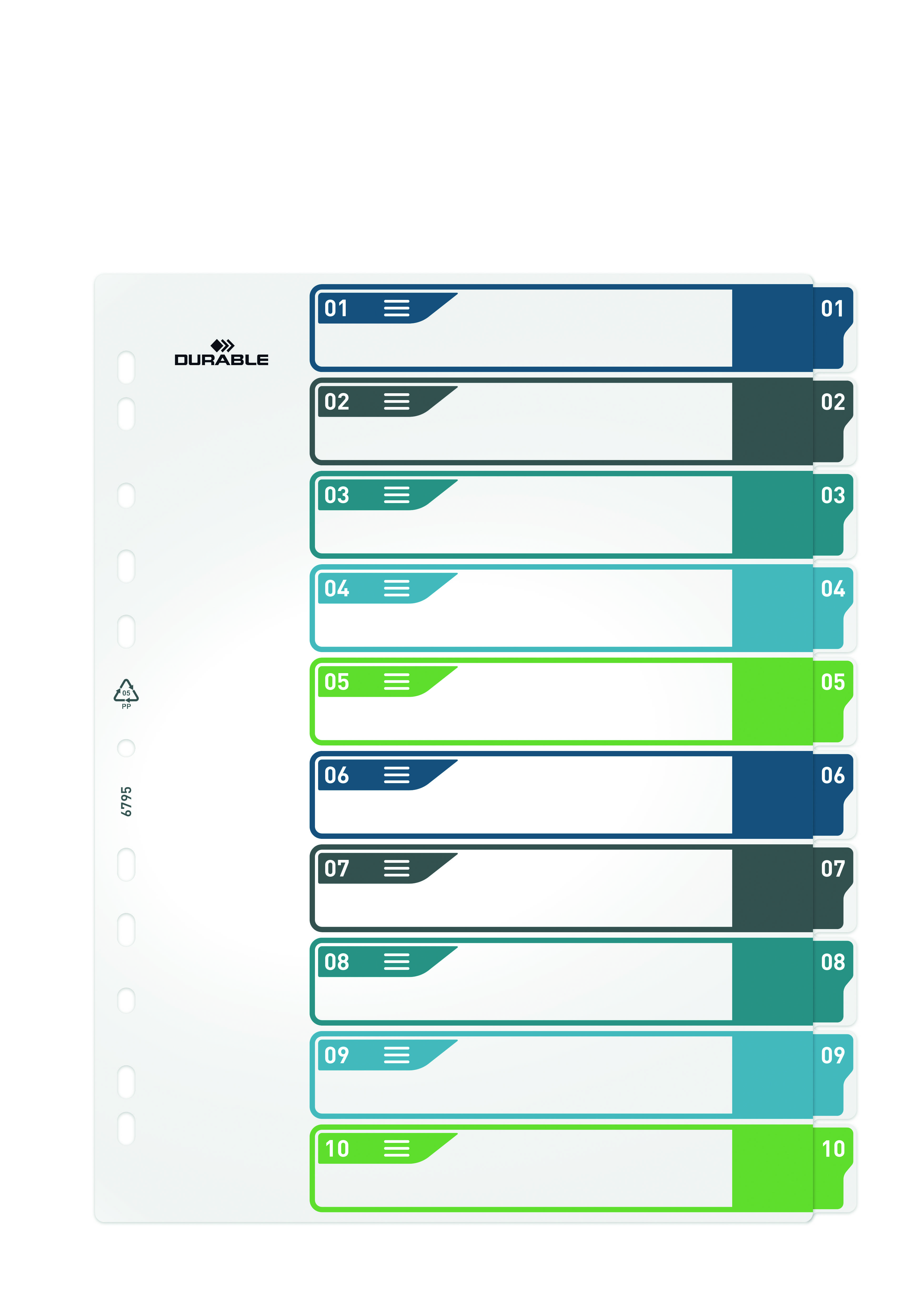 Register mit 10 farbigen Taben, nummeriert von 1 bis 10, von der Marke Durable, für Organisierung von Dokumenten in einem Ordner.